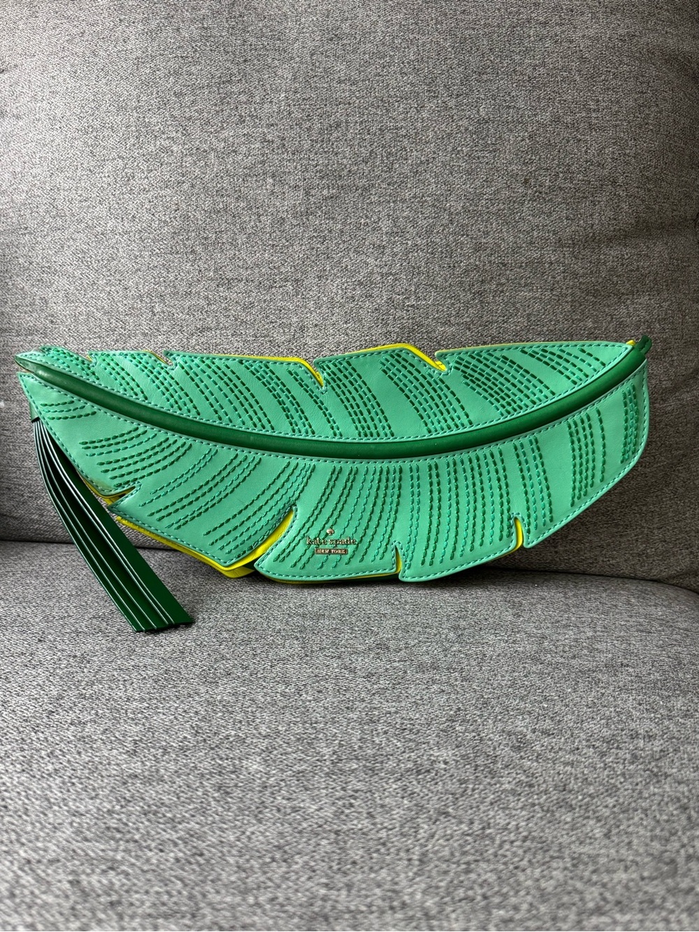 Kate Spade Flights of Fancy Leather Banana Leaf Novelty Green Yellow Clutch Bag
